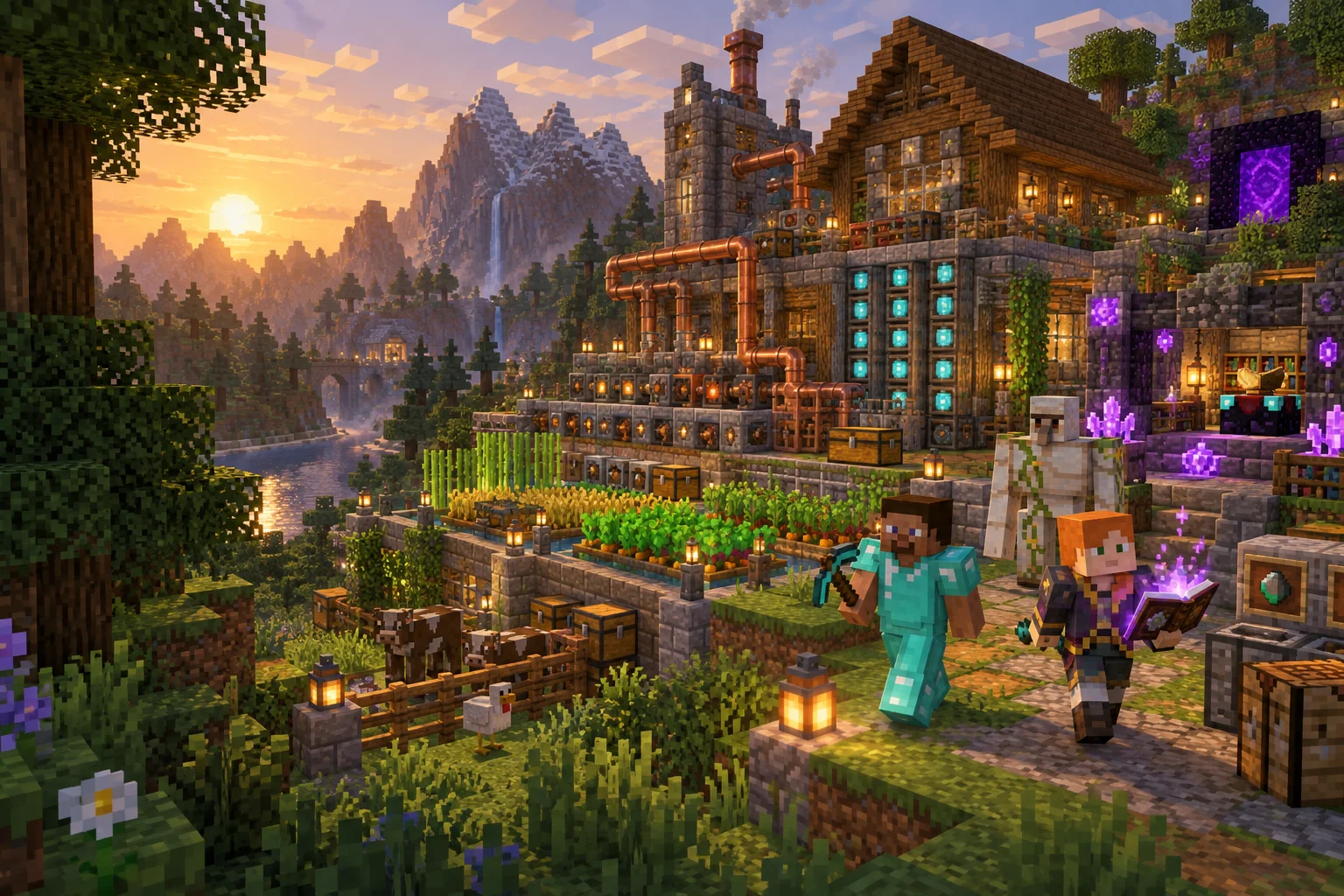 Minecraft friends with a diamond pickaxe and spellbook beside a factory, an iron golem, crops and a glowing Nether portal. Original illustration.